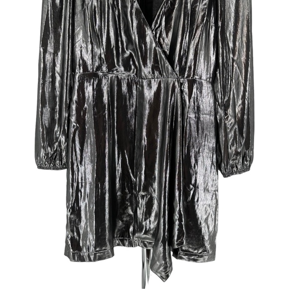 French Connection Silver Metallic Drape Faux Wrap Mini Dress Long Sleeves size 4 - Picture 5 of 11
